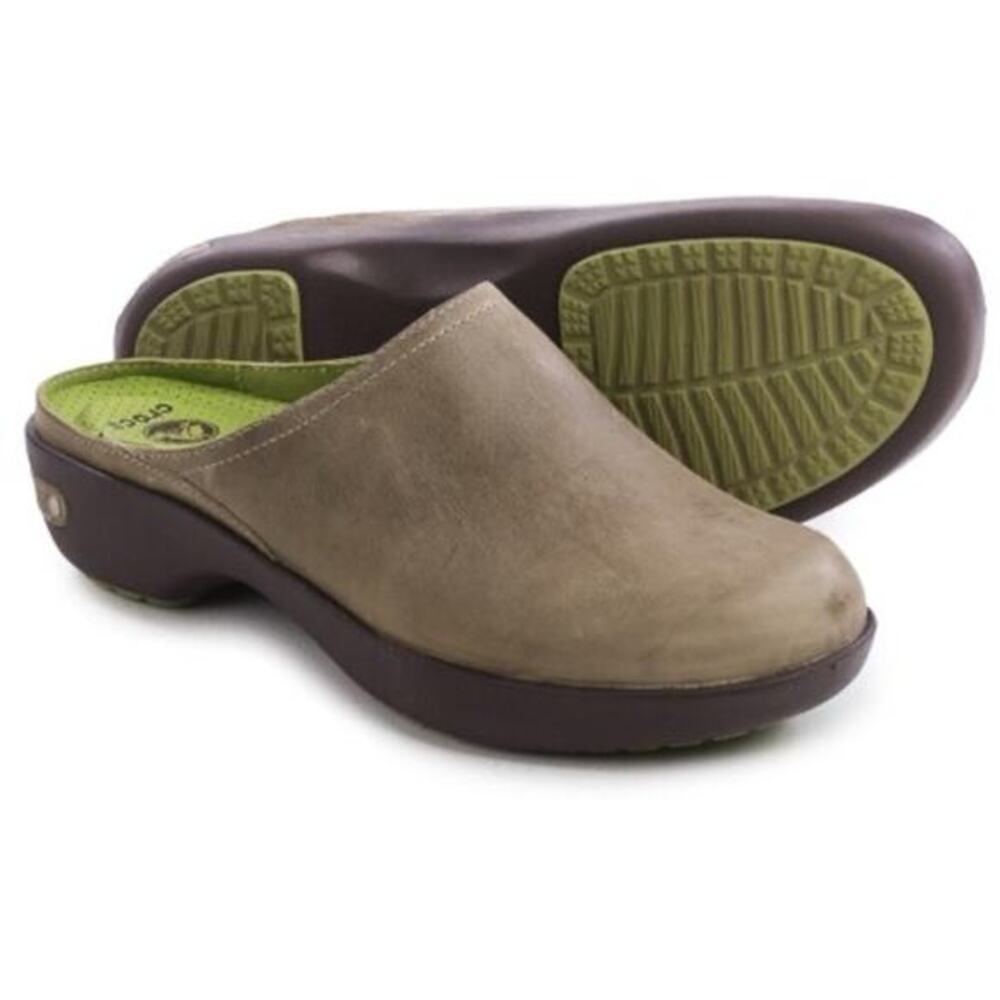 Crocs cobbler leather clogs taupe gray brown slide slip on mules women size 7
